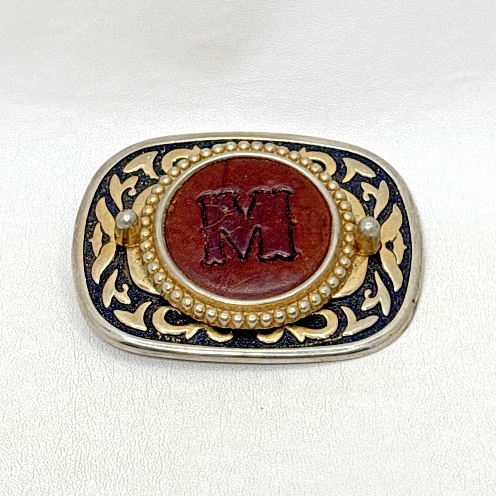 Vintage Western Belt‎ Buckle "M" Golden Engraved Brass Bronze Cowboy Rodeo